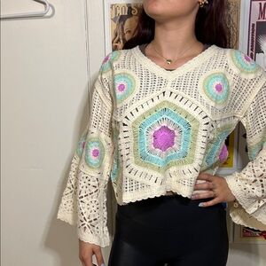 Boho Crochet Cream Top with Colorful Accents